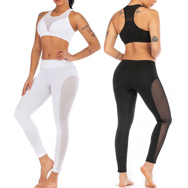 

sport leggings yoga fashion womens perspective solid yoga vest sports fitness set elastic +pants mallas deporte mujer#20, White;red