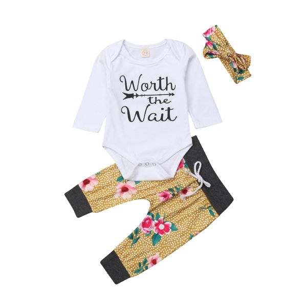 

2018 Multitrust Brand Floral Newborn Kid Baby Boy Girl Worth Wait Romper+Pants Outfits Cotton Clothes Yellow Autumn Casual Set