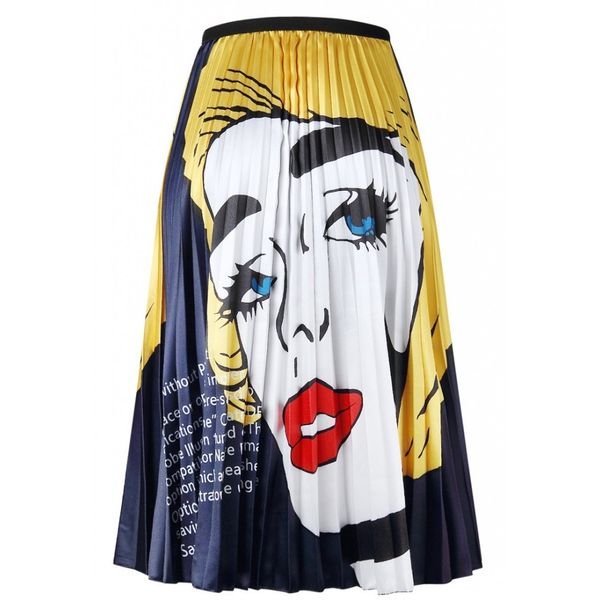 

2019 african skirts for women europen cartoon pattern high elasticity pleated skirt high street style a-line mid-calf christmas, Black