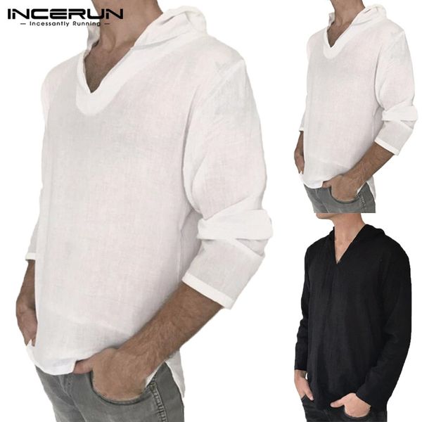 

incerun 2019 casual shirt men hooded long sleeve v-neck soft 100% cotton thin leisure shirts beach fashion camisa masculina, White;black