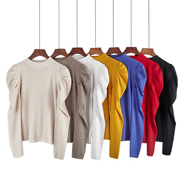 

women's sweaters spring puff sleeve knitted sweater women korean slim chic fashion red blue black pullover jumper vintage female stree, White;black