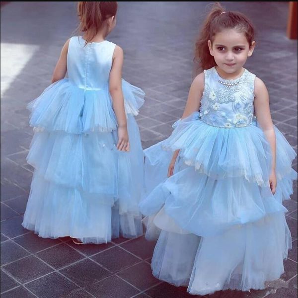 

cute flower girl dresses jewel neck lace appliqued beaded sleeveless girl pageant gowns cascading ruffles tiered skirts birthday gowns 90, White;blue