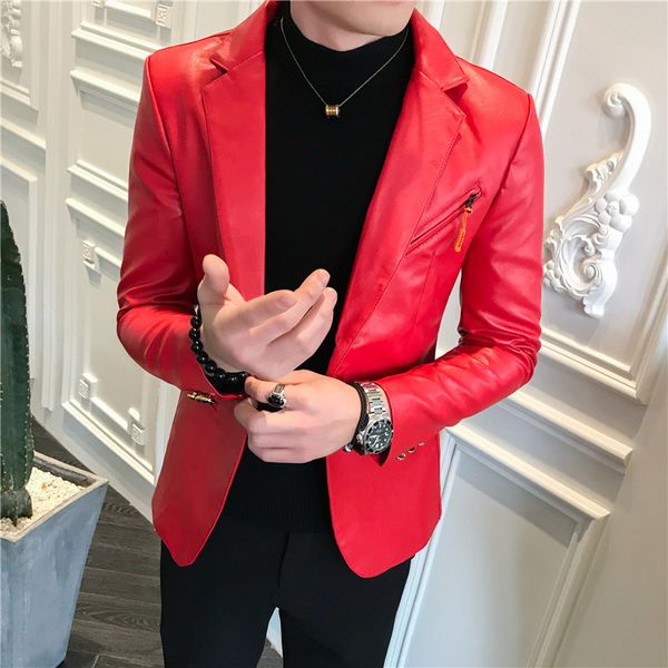 

2019 осень новый мужской искусственная кожа пиджак мужская мода тонкий пиджак белый красный черный моды уличной кожаный блейзер, White;black