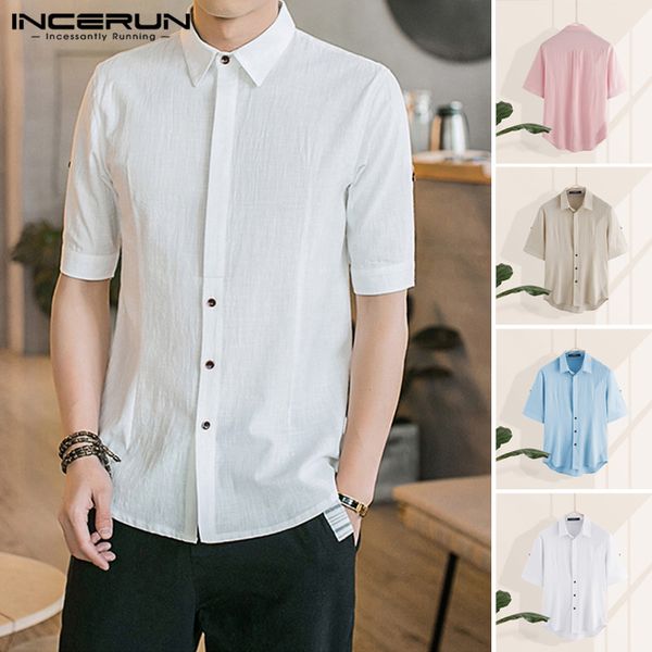 

2020 summer men short sleeve lapel shirts casual solid color shirts cotton button up blouse man chinese style plus size, White;black