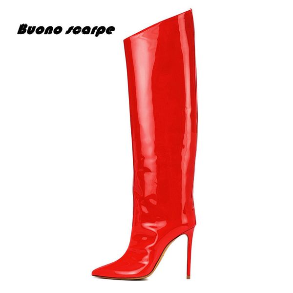 

2019 red patent leather pointed toe leather women knee high boots shiny green slouch long boots over the knee knight, Black