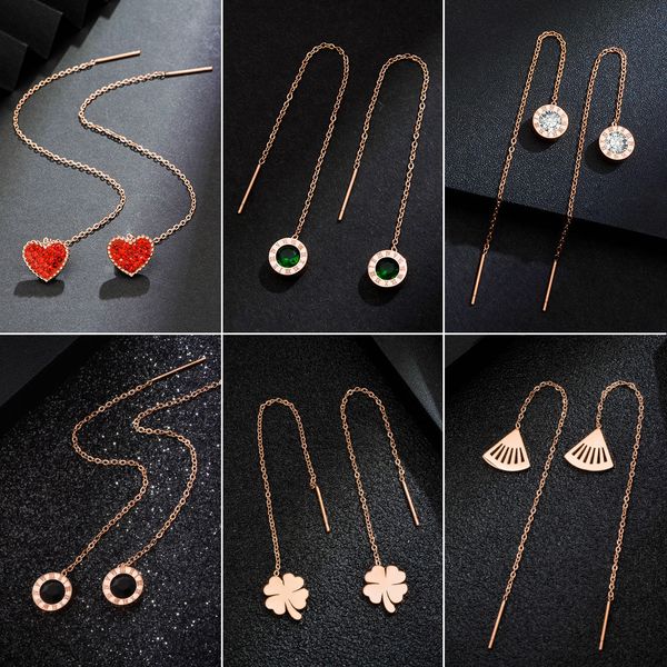 

net red fashion rose gold long tassel earrings butterfly clover earrings titanium steel anti-fashion, Silver