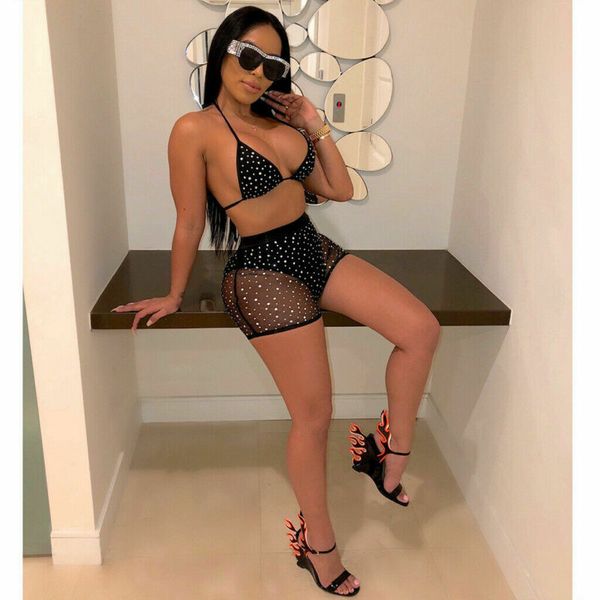 

женщины сетка купальник из двух частей бикини set rhinestone купальники купальники пляж бикини прикрывает 3 шт, Blue;gray