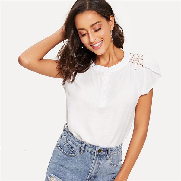 

women blouses ladies designer embroidered eyelet panel blouse 2019 button band collar cap sleeve women casual petal sleeve blouse, White