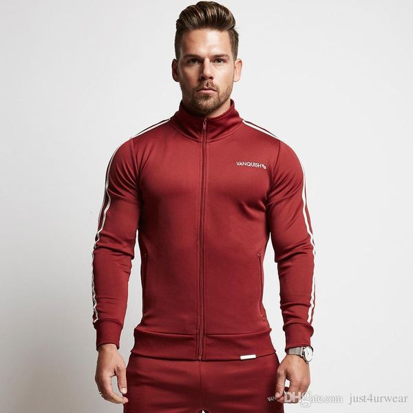 

jogger tracksuits mens slim gym suits side striped zipper hoodies long pants outfits 2 pcs hommes fitting active black red tracksuits, Gray