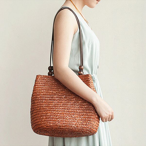 

vintage beaded straw bags bohemia rattan women shoulder bags wicker handmade lady handbags large buckets summer beach bag tote