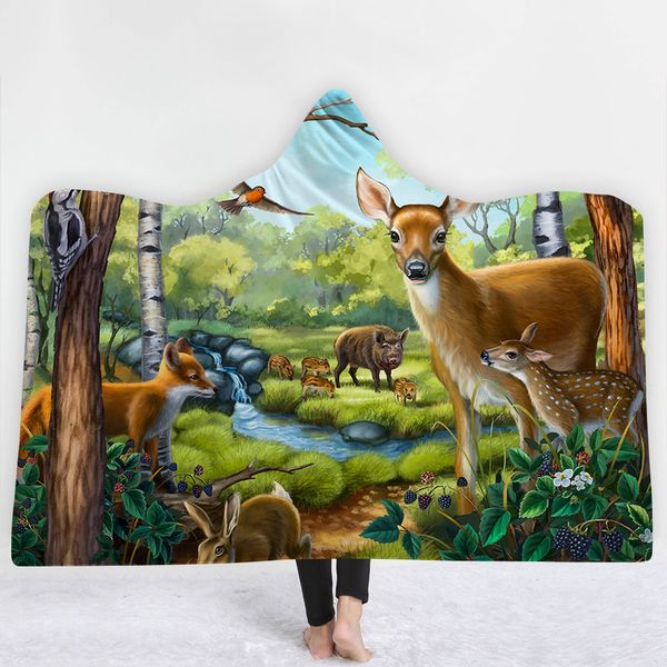 

softbatfy watercolor tempera elk and deer hooded blanket fleece throw blanket dropshipping