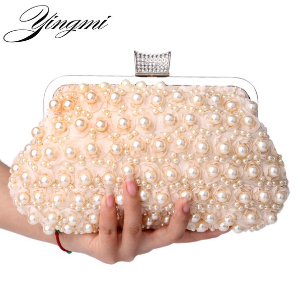 

yingmi women evening clutch wedding bridal handbag pearl beaded lace rose fashion rhinestone bags mx190819