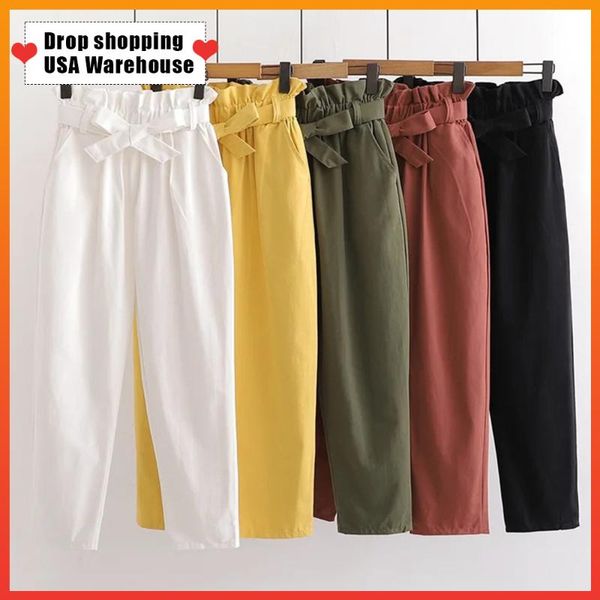 

women's pants & capris oushang women 2021 spring summer black white lace up female high waist trousers femme korean style ankle harem