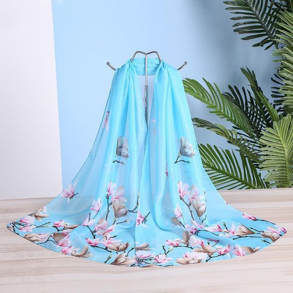 

new chiffon scarf women spring summer silk scarves thin flower shawls and wraps foulard print hijab stoles wholesale t200429, Blue;gray