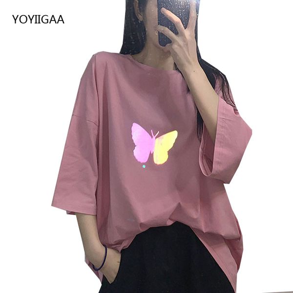 

harajuku женская футболка светоотражающая бабочка печати женская футболка топы летняя мода женская футболка o-образным вырезом с коротким ру, White