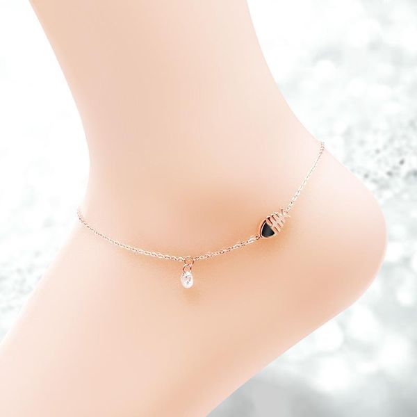 

2020 new single diamond letter double bell small fish hanging diamond drop oil anklet rose gold fat cat anklet generation hair, Red;blue
