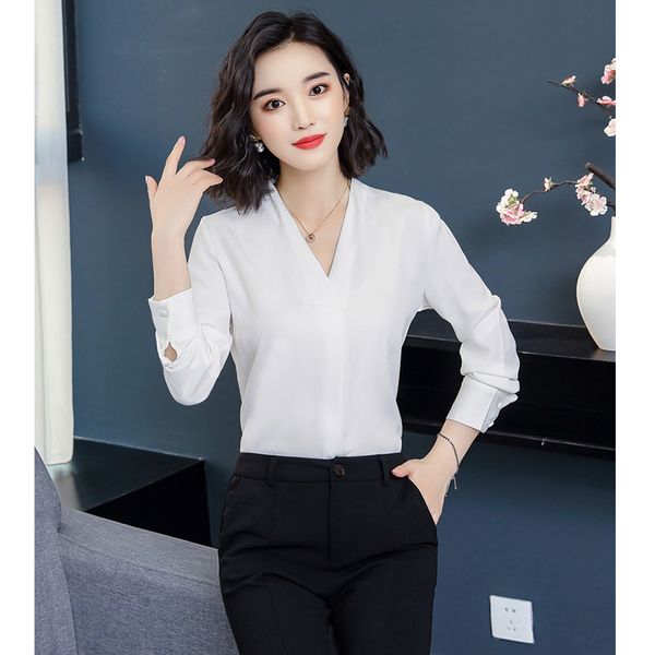 

plus size loose fashion autumn long sleeve v-neck formal office blouse chiffon blusas femininas women's blouse f2, White