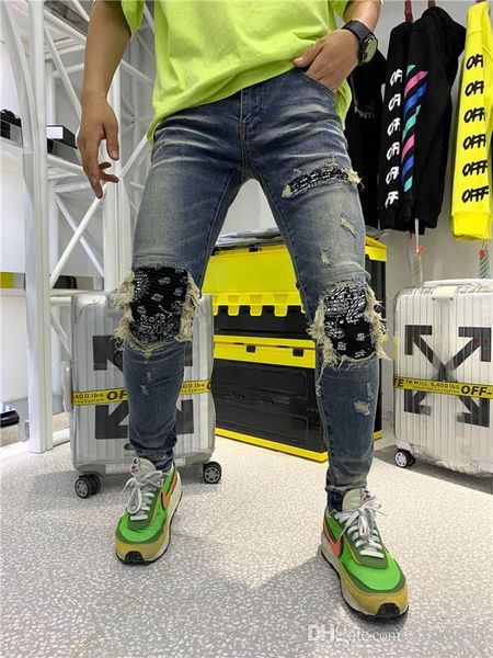 

2019 новый высокое качество люксовый брендdesignerbalmain мужчины джинсовые fashionholes брюки брюки байкер джинсы рок возрождение jeanjeans, Blue