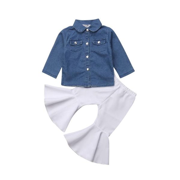 

2018 newly toddler baby girls clothes sets 2pcs long sleeve single breasted blue denim shirts +white flare pants