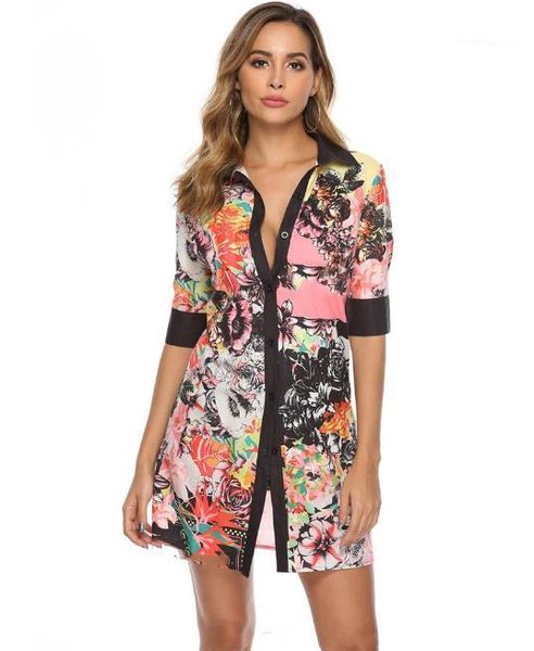 

outfits lapel neck womens shirt dresses fashion short sleeve floral print ladies dresses with button women two piece, Black;gray