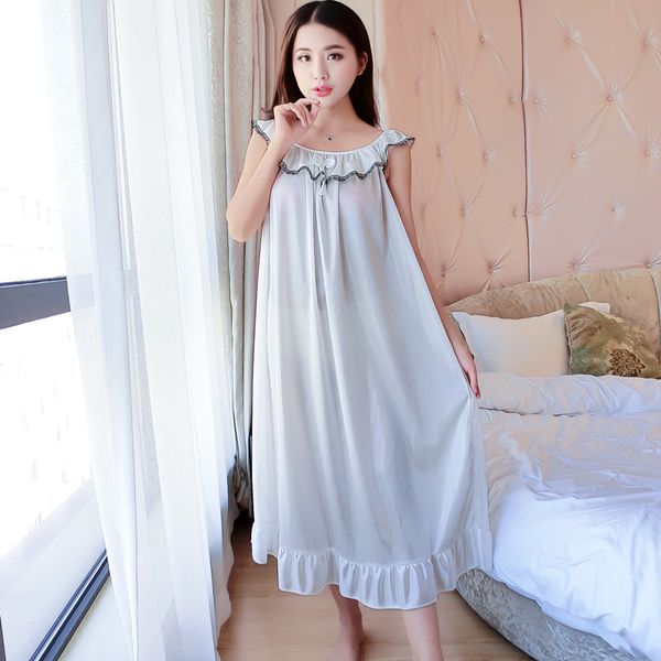 

female summer thin nightgown ice silk nightwear sleeveless night shirt solid loose sleepwear casual night dress negligee, Black;red