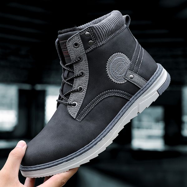 

2019 new men boots winter plush keep warm men snow boots leather waterproof winter outdoor footwear ankle shoes, Black