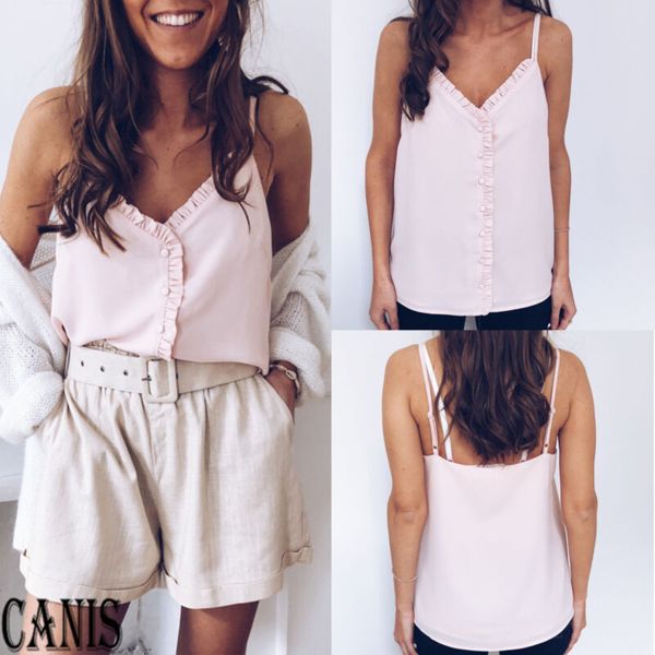 

womens vest cami button t shirt sleeveless chiffon ladies v neck summer, White