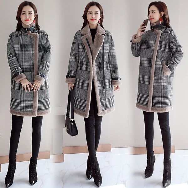 

chic lambs wool coat women's mid-length korean-style 2018 winter new style thick plus velvet warm plaid overcoat, Blue;black