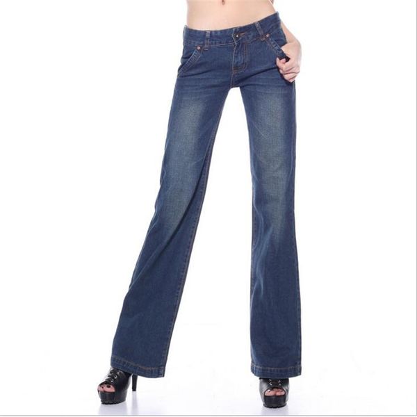

new vintage mid waist slim butt-lifting boot cut wide leg flare women's straight jeans pants elastic waist full length trousers, Blue