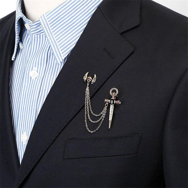 

retro sword skull brooch chain medal collar buckle rhinestone corsage personality cross tassel pin, Gray