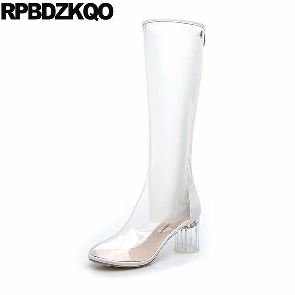 

designer shoes women luxury 2018 clear new high heel waterproof long casual black transparent white knee chunky pvc fall