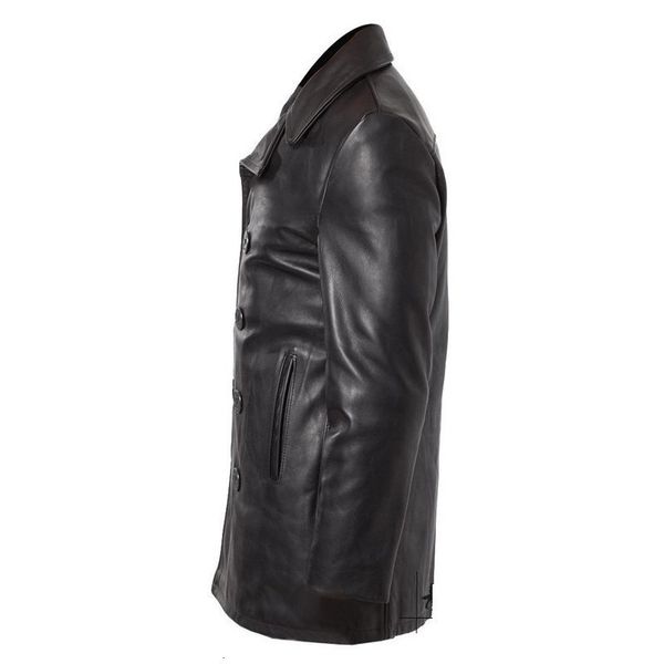 

brand fashion men cowhide genuine leather long jacket double breasted winter cotton padded trench coat business man slim jackets, Black