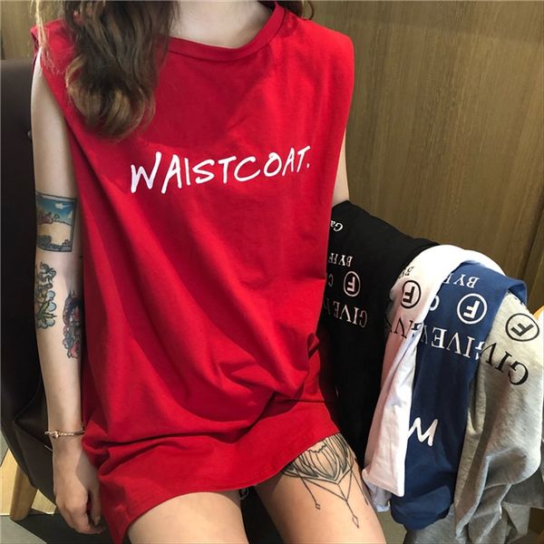 

лето 2020 рыхлый просто все соответствует передней и задней буквы напечатаны без рукавов футболки жилет жилет женщин футболки верхней, White