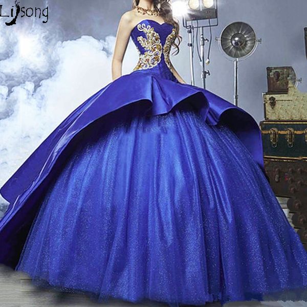 

великолепное королевское синее бальное платье платья quinceanera золотые аппликации милая аппликация с бисером и баской ruched puffy sweet 1, Blue;red
