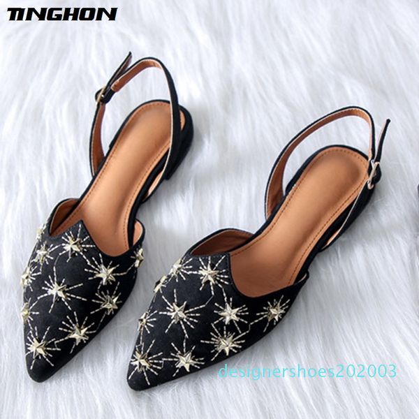 

tinghon luxury star заклепки квартиры обувь для женщин остроконечные toe vintage пряжка ремешка босоножки flats мулов обувь d3, Black