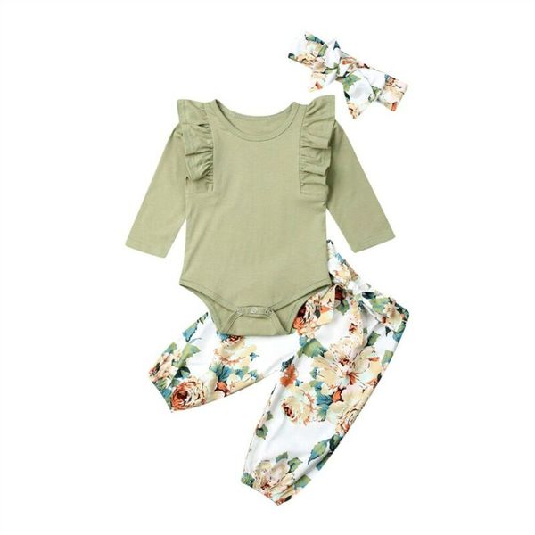 

toddler girl clothes 2019 newborn infant baby girl floral outfit clothes bodysuit +pants+headband 3pcs set, White