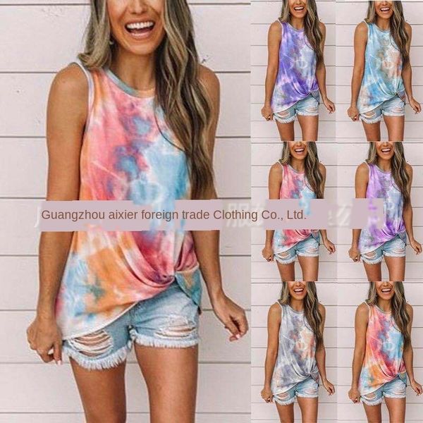 

2020 women's round collar tie dyed kink printed women 2020 women's round collar tie dyed t-shirt vest kink printed vest t-shirt wo, White