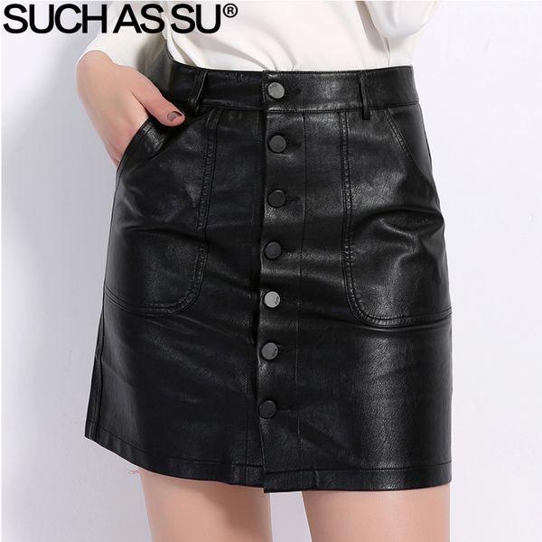 

high waist leather skirt new fashion fall winter pu pockets button mini a line skirts s-xxxl plus size black skirt female, Black;gray