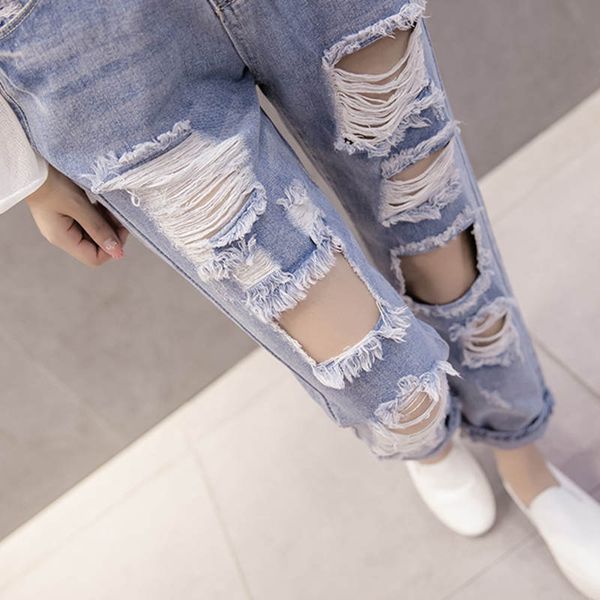 

hole ripped jeans for women spring summer casual streetwear straight plus size jeans femme denim high waist lady c5292, Blue