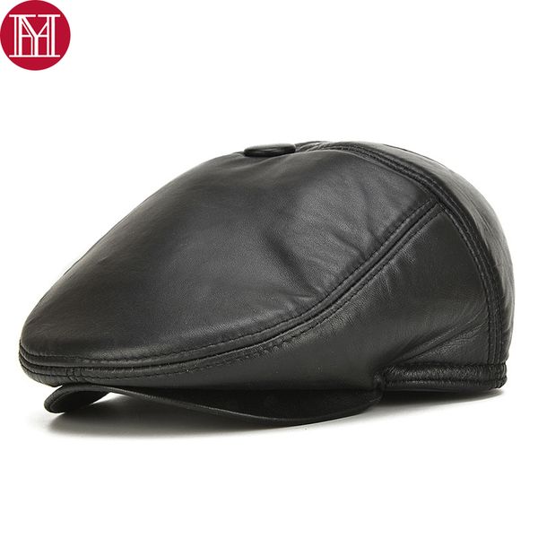 

men real genuine leather earflap hats male casual real sheepskin leather caps sheep skin fall winter newsboy beret hat, Blue;gray