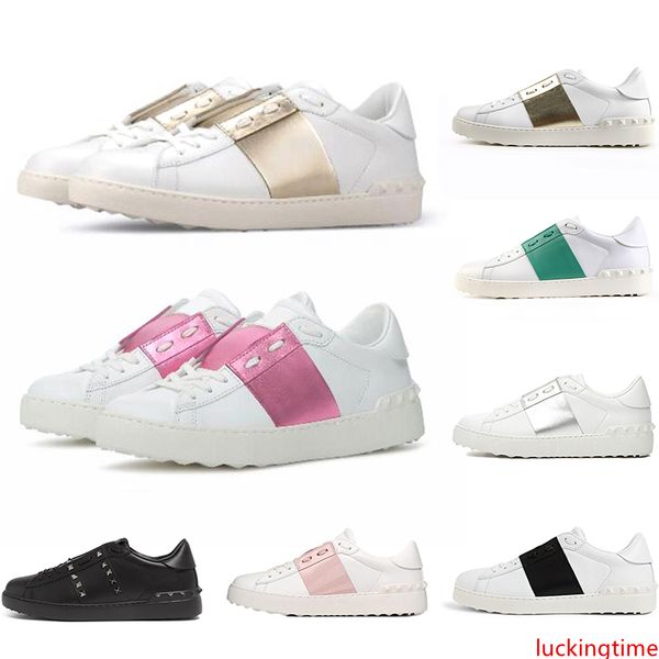 

luxury designer shoes platform men women rivet sliver black green pink stripe leather casual shoe size 35-46