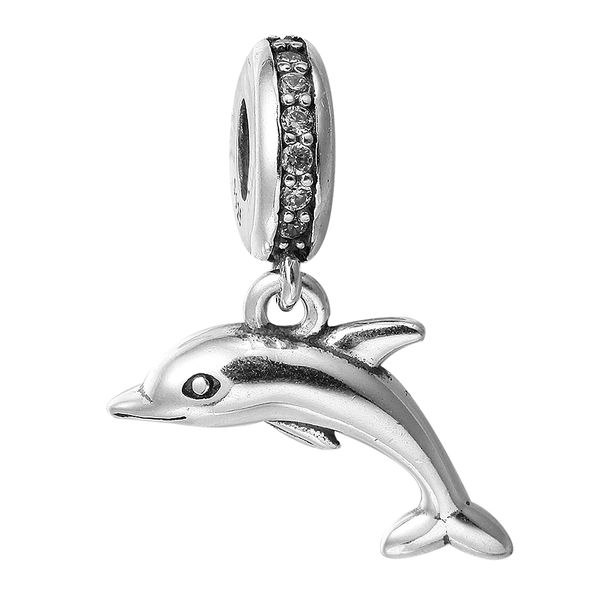 

playful dolphin silver dangle with clear cz 100% 925 sterling silver beads fit pandora charms bracelet authentic diy fashion jewelry, Black