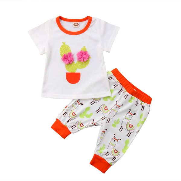 

cute infant girl clothes suit short sleeve t-shirt + pants 2pcs cartoon alpaca print newborn baby casual outdoor suit, Pink;blue
