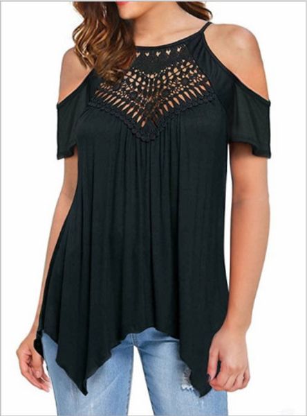 

2019 women cold shoulder soft loose sleeveless lace t-shirts loose plain shirt