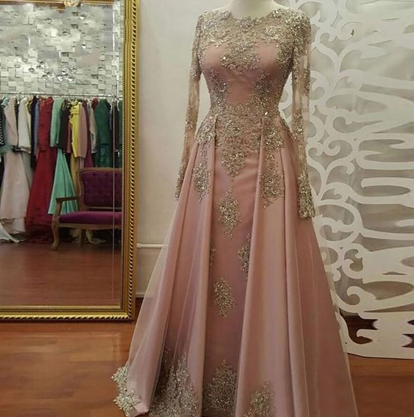 Blush Rose Gold Langarm-Miederkleider für Frauen tragen Spitzenapplikationen Kristall Abiye Dubai Caftan Muslimische Hochzeitsparty-Kleider