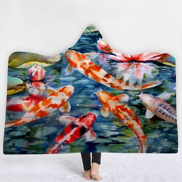 

softbatfy watercolor tempera koi hooded blanket fleece throw blanket dropshipping