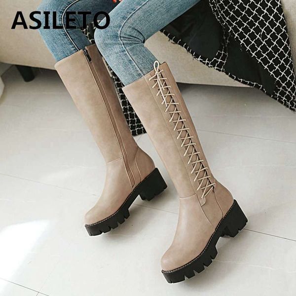 

asileto size 33-43 zipper platform boots for women square heels cross-tied motorcycle riding round toe booties botas mujer botta, Black