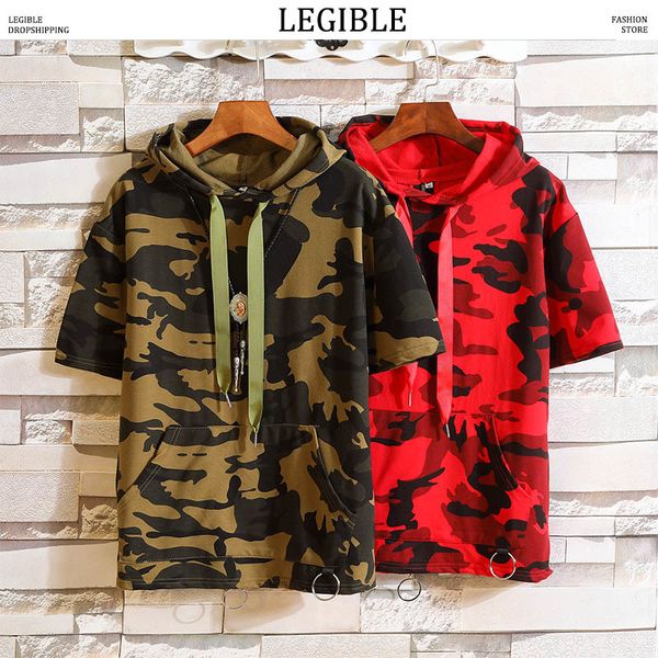 

legible summer camouflage hoodies men 2020 fashion short sleeve tees hooded sweatshirts hip hop tracksuit mens, Black