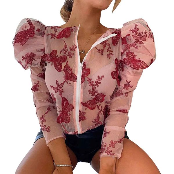 

embroidery butterfly mesh shirt women o neck puff sleeve perspective blouse female fashion, White