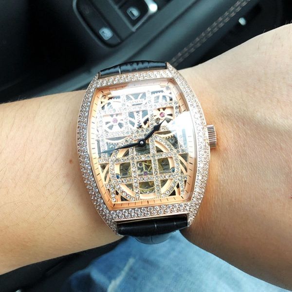 

squelette classic bucket mens watch diamond dial automatic mechanical movement case size 58mm 43mm cutout face leather pin buckle strap, Slivery;brown